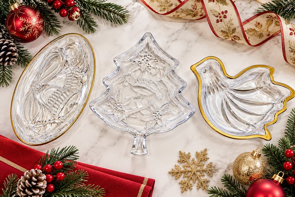 Vintage Home Beautiful Christmas Crystal Candy Dish Set of 3 Japan